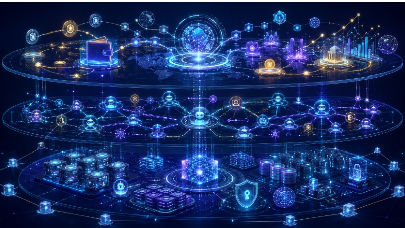 What is Decentralized AI? Inside the Infrastructure and Financial Stack Powering On-Chain Agents 1 Abstract layered network showing decentralized AI agents, compute, wallets, and secure on-chain payments.