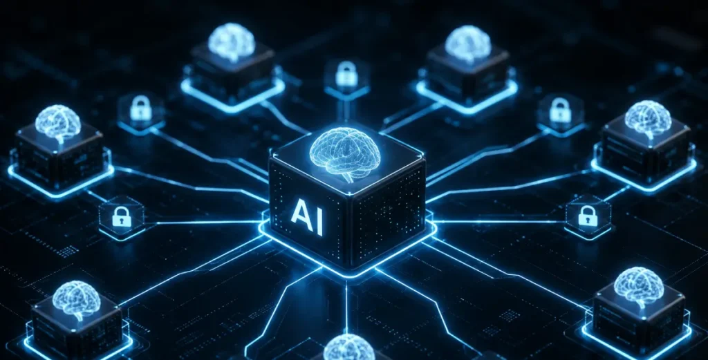 What is Decentralized AI? Inside the Infrastructure and Financial Stack Powering On-Chain Agents 1 Decentralized AI network connecting multiple secured processing nodes.